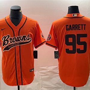 Men Cleveland Browns #95 Myles Garrett Orange With Patch Cool Base Stitched Baseball Jersey