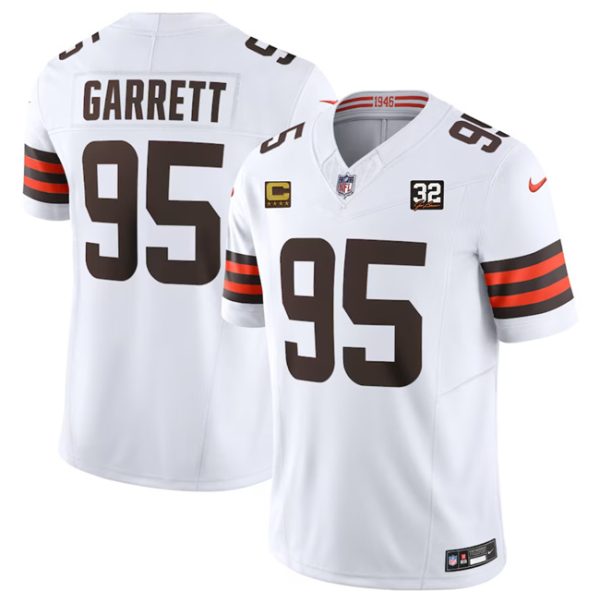 Men Cleveland Browns #95 Myles Garrett White 2023 F.U.S.E. With 4-Star C Patch And Jim Brown Memorial Patch Vapor Untouchable Limited Stitched Jersey