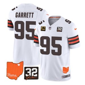 Men Cleveland Browns #95 Myles Garrett White 2023 F.U.S.E. With Jim Brown Memorial Patch And 4-Star C Patch Vapor Untouchable Limited Stitched Jersey