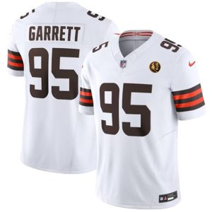 Men Cleveland Browns #95 Myles Garrett White 2023 F.U.S.E. With John Madden Patch Vapor Limited Football Stitched Jersey