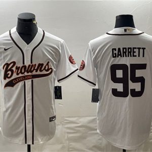 Men Cleveland Browns #95 Myles Garrett White With Patch Cool Base Stitched Baseball Jersey