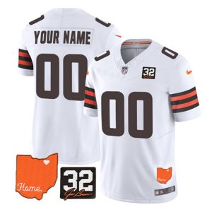 Men Cleveland Browns Active Player Custom White 2023 F.U.S.E. With Jim Brown Memorial Patch Vapor Untouchable Limited Stitched Jersey