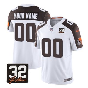 Men Cleveland Browns Active Player Custom White/Brown 2023 F.U.S.E. With Jim Brown Memorial Patch Vapor Untouchable Limited Stitched Jersey