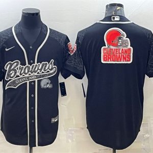 Men Cleveland Browns Black Reflective Team Big Logo With Patch Cool Base Stitched Baseball Jersey