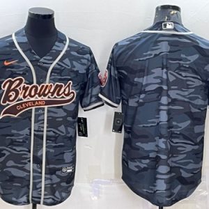 Men Cleveland Browns Blank Gray Camo With Patch Cool Base Stitched Baseball Jersey