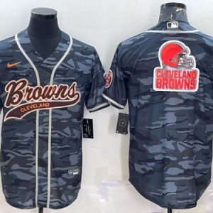 Men Cleveland Browns Gray Camo Team Big Logo With Patch Cool Base Stitched Baseball Jersey