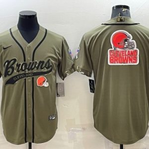 Men Cleveland Browns Olive 2022 Salute To Service Team Big Logo Cool Base Stitched Baseball Jersey