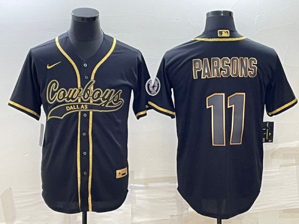 Men Dallas Cowboys #11 Micah Parsons Black Gold With Patch Cool Base Stitched Baseball Jersey