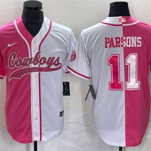 Men Dallas Cowboys #11 Micah Parsons Pink/White Split Cool Base Stitched Baseball Jersey