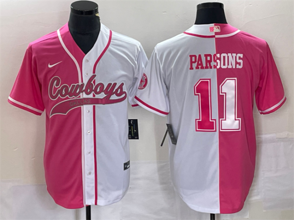 Men Dallas Cowboys #11 Micah Parsons Pink/White Split Cool Base Stitched Baseball Jersey