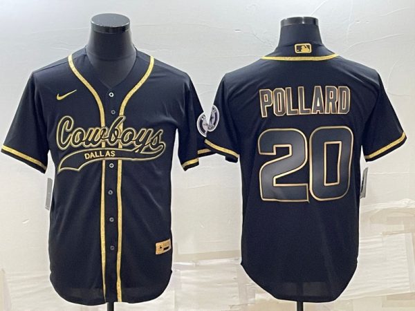 Men Dallas Cowboys #20 Tony Pollard Black Gold With Patch Cool Base Stitched Baseball Jersey