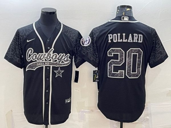 Men Dallas Cowboys #20 Tony Pollard Black Reflective With Patch Cool Base Stitched Baseball Jersey