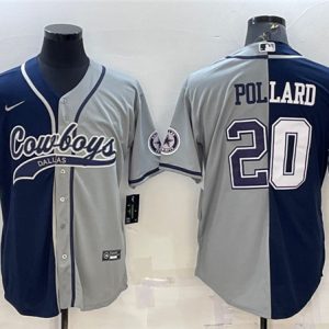 Men Dallas Cowboys #20 Tony Pollard Navy/Grey Split With Patch Cool Base Stitched Baseball Jersey