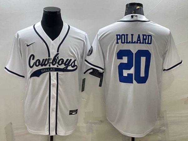 Men Dallas Cowboys #20 Tony Pollard White With Patch Cool Base Stitched Baseball Jersey