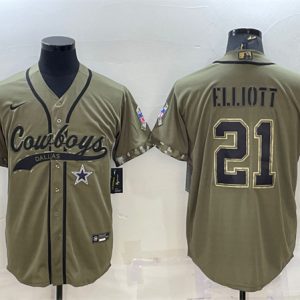 Men Dallas Cowboys #21 Ezekiel Elliott 2022 Olive Salute to Service Cool Base Stitched Baseball Jersey