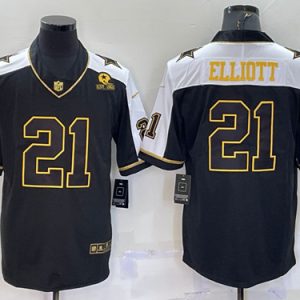 Men Dallas Cowboys #21 Ezekiel Elliott Black Gold Thanksgiving With Patch Stitched Jersey