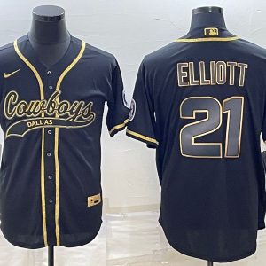 Men Dallas Cowboys #21 Ezekiel Elliott Black Gold With Patch Cool Base Stitched Baseball Jersey