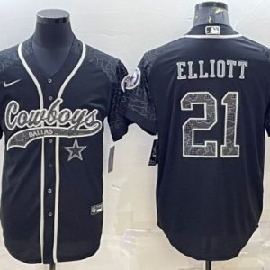 Men Dallas Cowboys #21 Ezekiel Elliott Black Reflective With Patch Cool Base Stitched Baseball Jersey