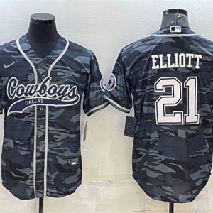 Men Dallas Cowboys #21 Ezekiel Elliott Gray Camo With Patch Cool Base Stitched Baseball Jersey