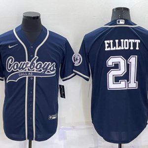 Men Dallas Cowboys #21 Ezekiel Elliott Navy Cool Base Stitched Baseball Jersey