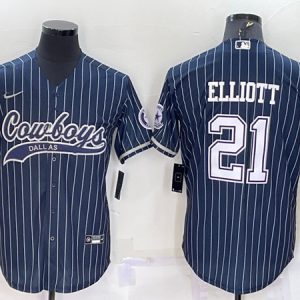 Men Dallas Cowboys #21 Ezekiel Elliott Navy With Patch Cool Base Stitched Baseball Jersey