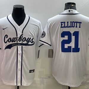 Men Dallas Cowboys #21 Ezekiel Elliott White With Patch Cool Base Stitched Baseball Jersey