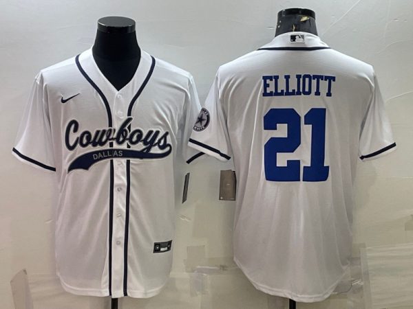 Men Dallas Cowboys #21 Ezekiel Elliott White With Patch Cool Base Stitched Baseball Jersey