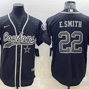 Men Dallas Cowboys #22 Emmitt Smith Black Reflective With Patch Cool Base Stitched Baseball Jersey