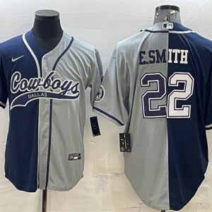 Men Dallas Cowboys #22 Emmitt Smith Navy/Gray Split With Patch Cool Base Stitched Baseball Jersey