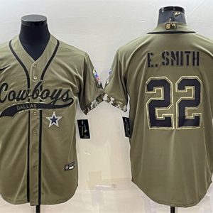 Men Dallas Cowboys #22 Emmitt Smith Olive 2022 Salute to Service Cool Base Stitched Baseball Jersey