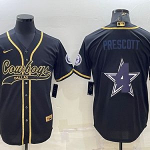 Men Dallas Cowboys #4 Dak Prescott Black Gold Team Big Logo With Patch Cool Base Stitched Baseball Jersey