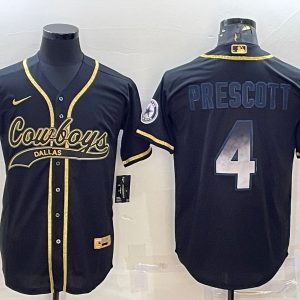 Men Dallas Cowboys #4 Dak Prescott Black Gold With Patch Cool Base Stitched Baseball Jersey