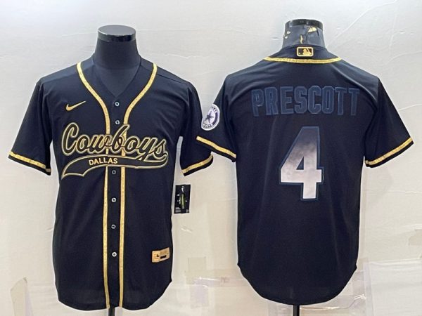 Men Dallas Cowboys #4 Dak Prescott Black Gold With Patch Cool Base Stitched Baseball Jersey