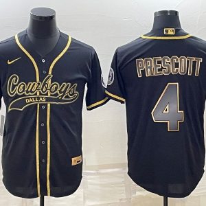 Men Dallas Cowboys #4 Dak Prescott Black Gold With Patch Cool Base Stitched Baseball Jersey