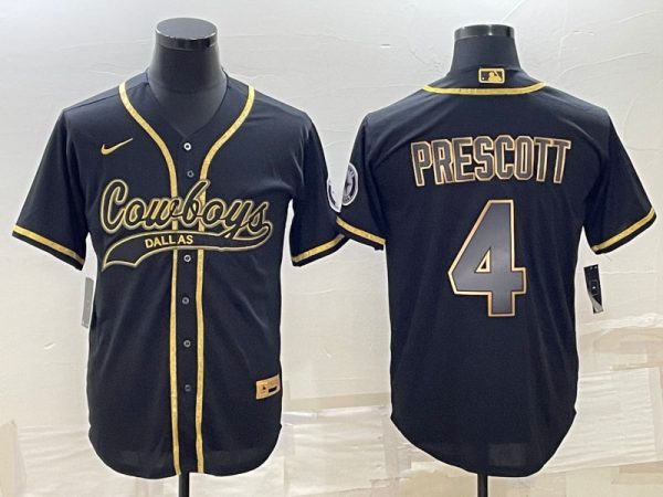 Men Dallas Cowboys #4 Dak Prescott Black Gold With Patch Cool Base Stitched Baseball Jersey