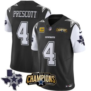 Men Dallas Cowboys #4 Dak Prescott Black/White 2023 F.U.S.E. NFC East Champions With 4-star C Ptach Football Stitched Jersey