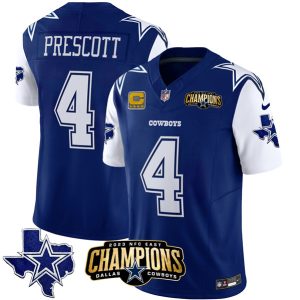 Men Dallas Cowboys #4 Dak Prescott Blue/White 2023 F.U.S.E. NFC East Champions With 4-star C Ptach Football Stitched Jersey