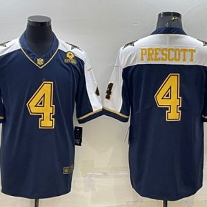 Men Dallas Cowboys #4 Dak Prescott Navy Gold Edition With 1960 Patch Limited Stitched Football Jersey