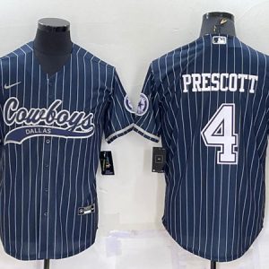 Men Dallas Cowboys #4 Dak Prescott Navy With Patch Cool Base Stitched Baseball Jersey