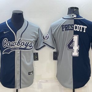 Men Dallas Cowboys #4 Dak Prescott Navy/Gray Split With Patch Cool Base Stitched Baseball Jersey