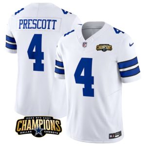 Men Dallas Cowboys #4 Dak Prescott White 2023 F.U.S.E. NFC East Champions Patch Football Stitched Jersey