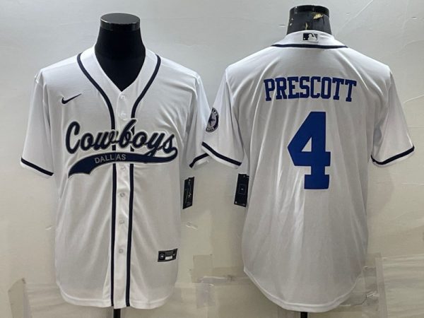 Men Dallas Cowboys #4 Dak Prescott White With Patch Cool Base Stitched Baseball Jersey