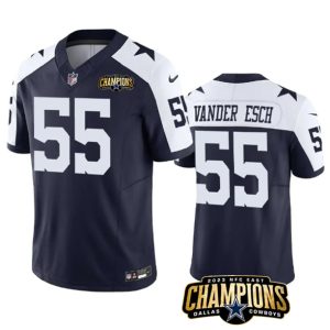 Men Dallas Cowboys #55 Leighton Vander Esch Navy/White 2023 F.U.S.E. NFC East Champions Patch Football Stitched Jersey