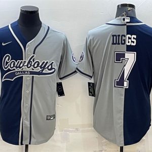 Men Dallas Cowboys #7 Trevon Diggs Navy/Gray Split With Patch Cool Base Stitched Baseball Jersey