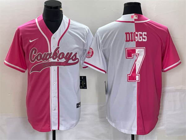 Men Dallas Cowboys #7 Trevon Diggs Pink/White Split Cool Base Stitched Baseball Jersey