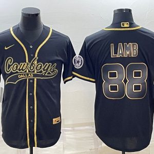 Men Dallas Cowboys #88 CeeDee Lamb Black Gold With Patch Cool Base Stitched Baseball Jersey