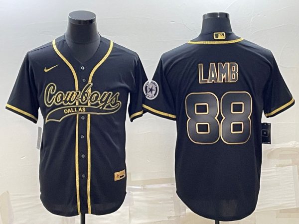 Men Dallas Cowboys #88 CeeDee Lamb Black Gold With Patch Cool Base Stitched Baseball Jersey