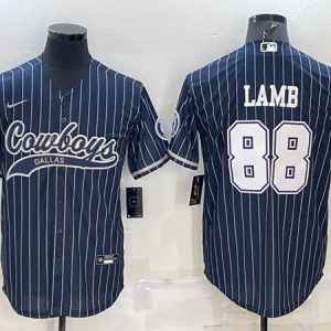 Men Dallas Cowboys #88 CeeDee Lamb Navy With Patch Cool Base Stitched Baseball Jersey