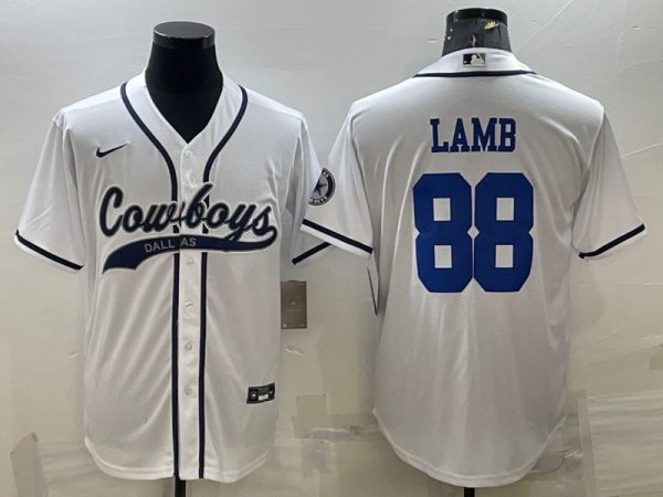 Men Dallas Cowboys #88 CeeDee Lamb White With Patch Cool Base Stitched Baseball Jersey