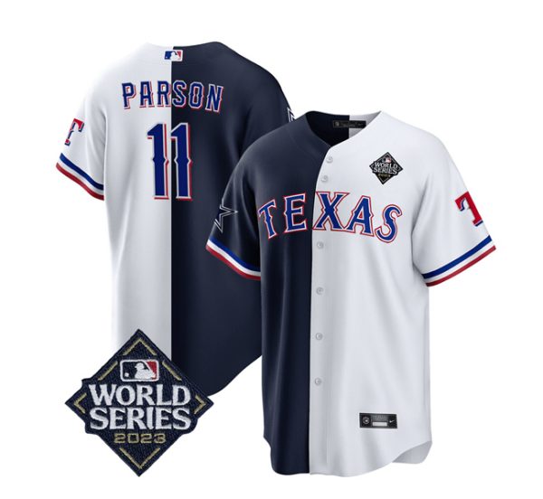 Men Dallas Cowboys & Texas Rangers #11 Micah Parsons Navy/White Splite 2023 World Series Splite Stitched Baseball Jersey